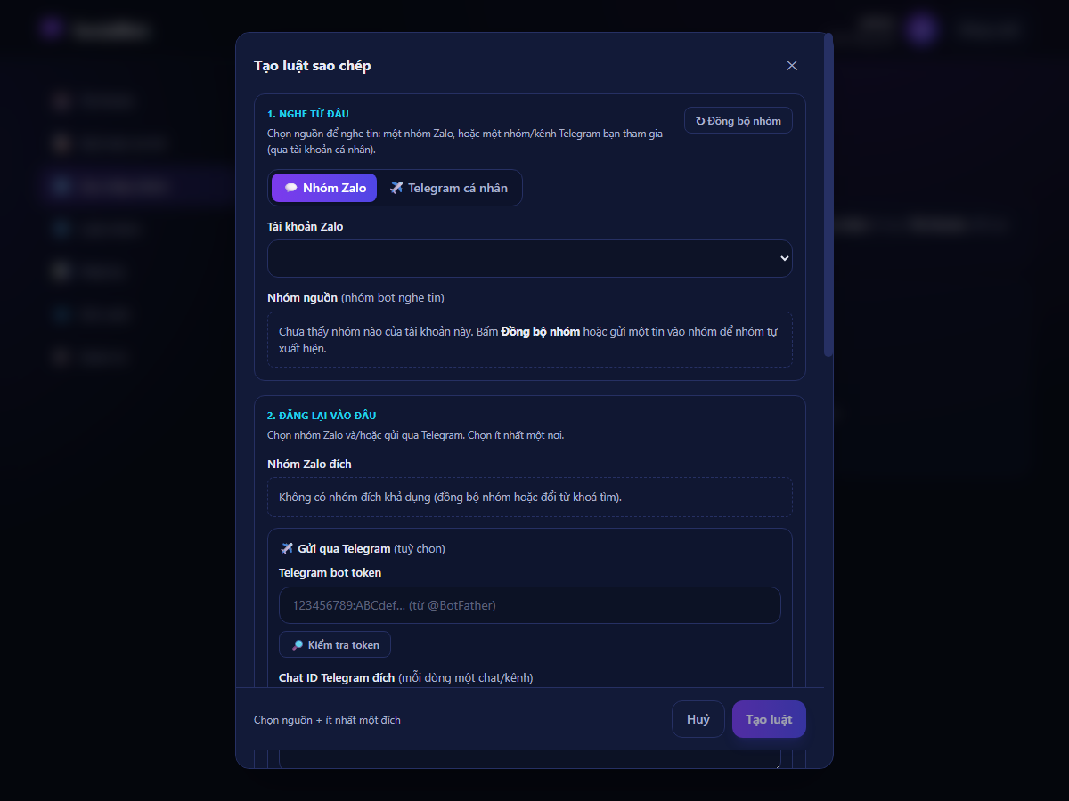 Giao diện tạo luật sao chép nhóm của SocialBot