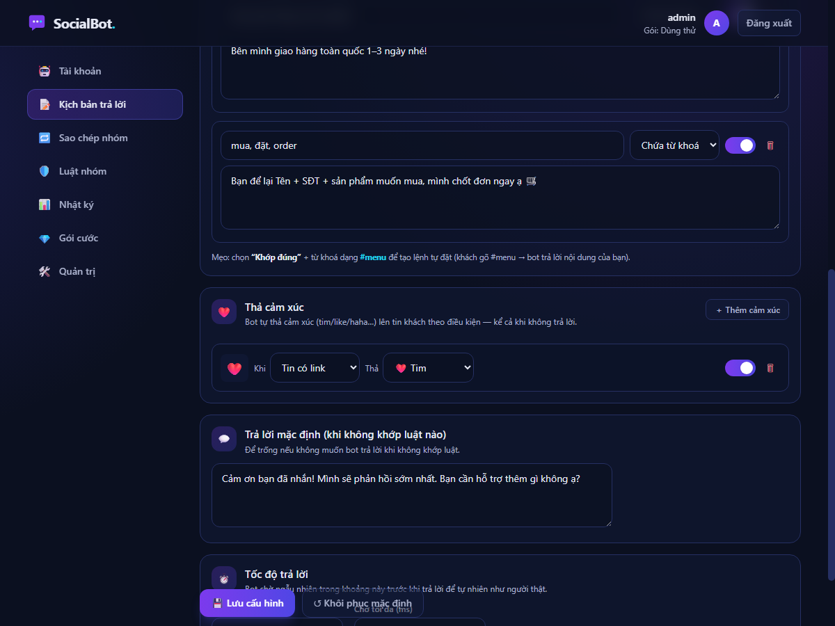 Kịch bản trả lời và thả cảm xúc của SocialBot